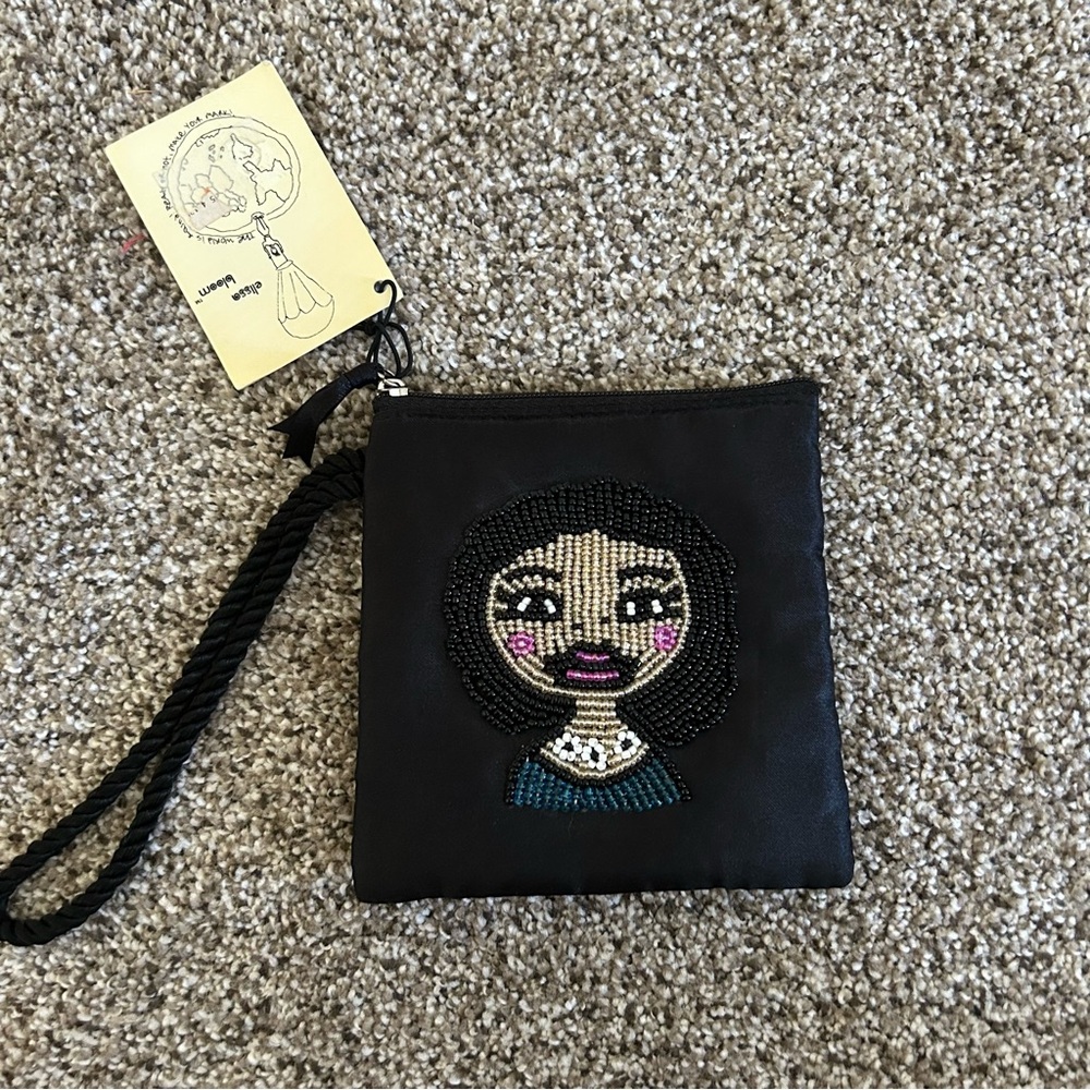 NWT Black Beaded Wristlet Pouch